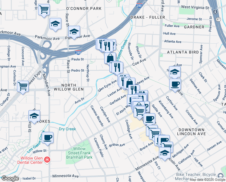map of restaurants, bars, coffee shops, grocery stores, and more near 70 Glen Eyrie Avenue in San Jose