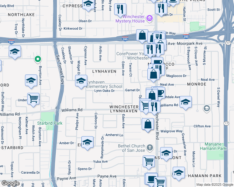 map of restaurants, bars, coffee shops, grocery stores, and more near 3315 Lynn Oaks Drive in San Jose