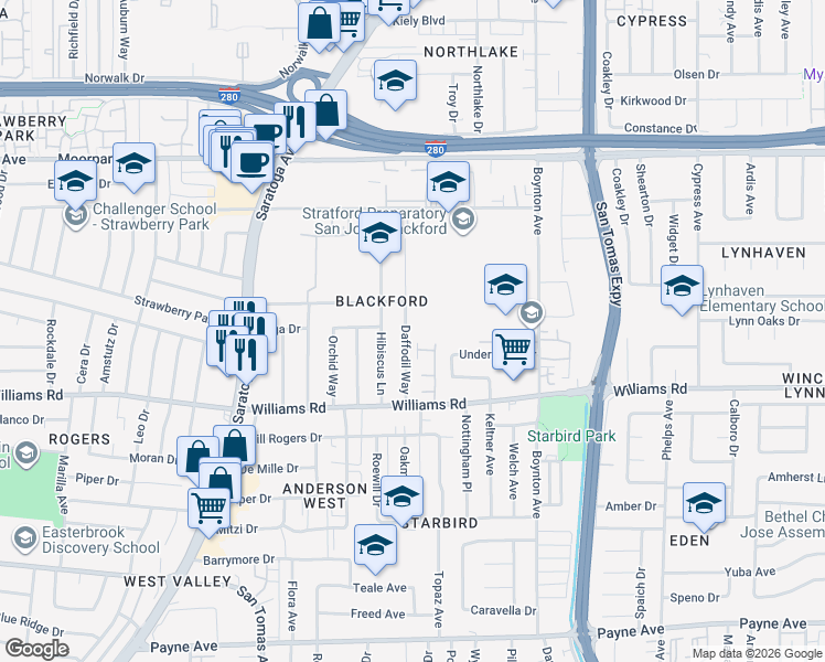 map of restaurants, bars, coffee shops, grocery stores, and more near 872 Daffodil Way in San Jose