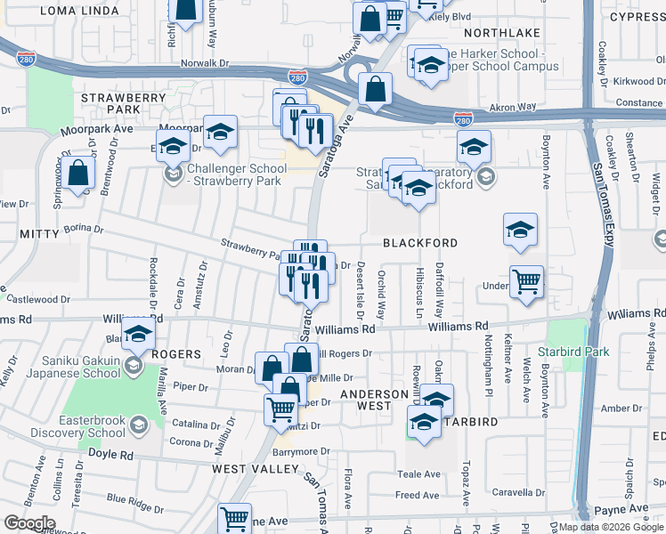 map of restaurants, bars, coffee shops, grocery stores, and more near 888 Saratoga Avenue in San Jose