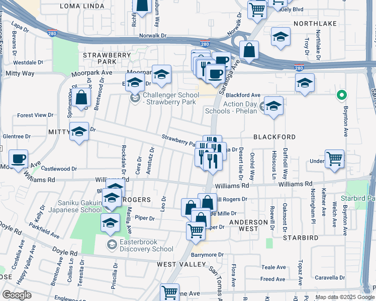 map of restaurants, bars, coffee shops, grocery stores, and more near 4388 Strawberry Park Drive in San Jose