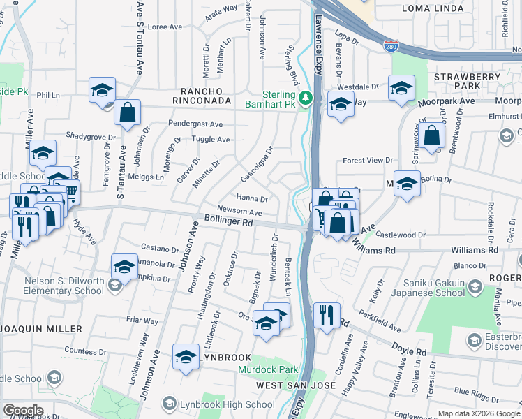 map of restaurants, bars, coffee shops, grocery stores, and more near 18722 Hanna Drive in Cupertino