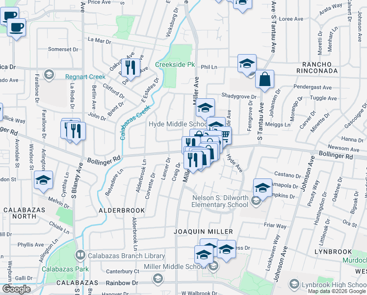 map of restaurants, bars, coffee shops, grocery stores, and more near 6352 Myrtlewood Drive in Cupertino
