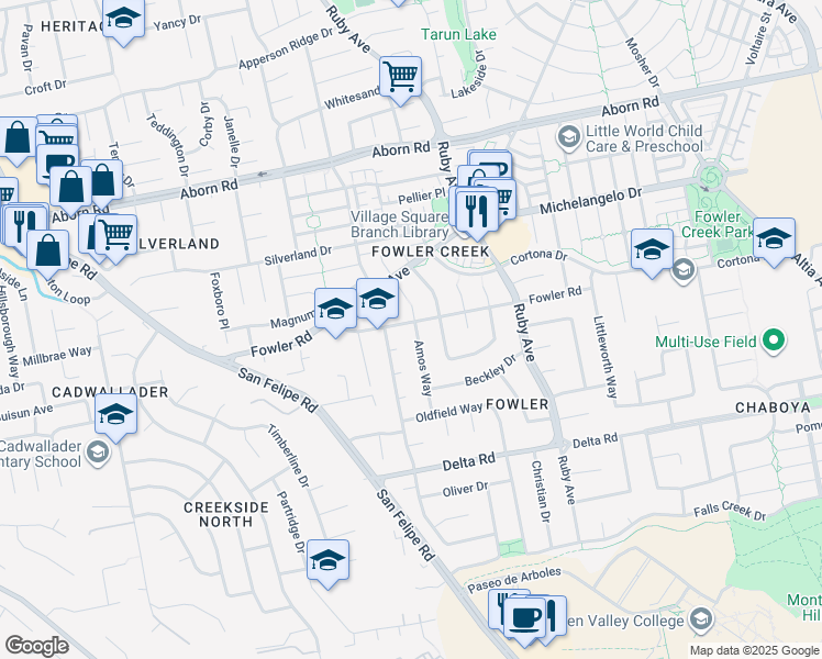 map of restaurants, bars, coffee shops, grocery stores, and more near 3046 Fowler Road in San Jose