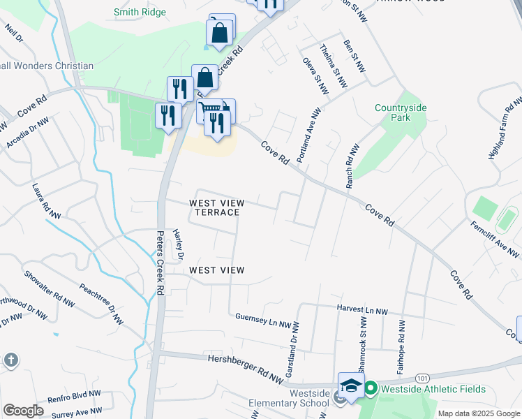 map of restaurants, bars, coffee shops, grocery stores, and more near 4236 Quail Drive Northwest in Roanoke