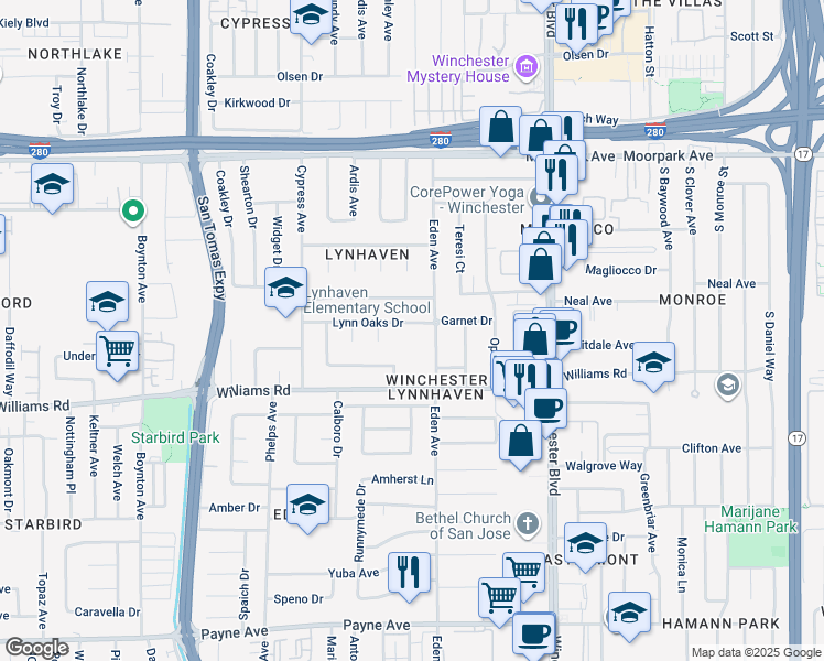 map of restaurants, bars, coffee shops, grocery stores, and more near 3315 Lynn Oaks Drive in San Jose