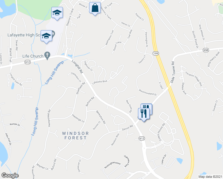 map of restaurants, bars, coffee shops, grocery stores, and more near Chesdale Court in Williamsburg