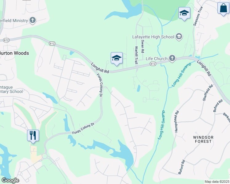 map of restaurants, bars, coffee shops, grocery stores, and more near 4 Fenn Court in Williamsburg