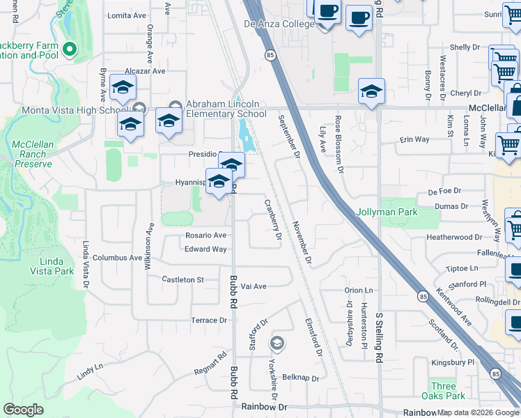 map of restaurants, bars, coffee shops, grocery stores, and more near 7967 Pumpkin Drive in Cupertino