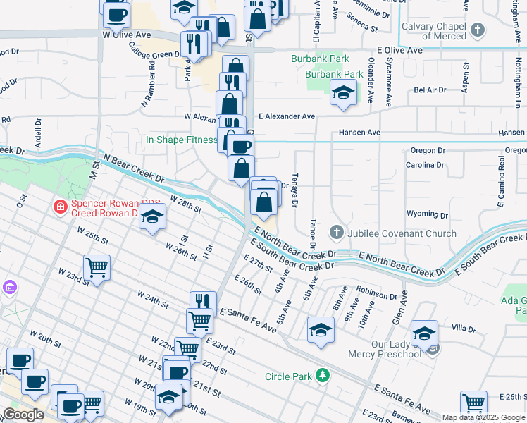 map of restaurants, bars, coffee shops, grocery stores, and more near 2833 McCombs Drive in Merced