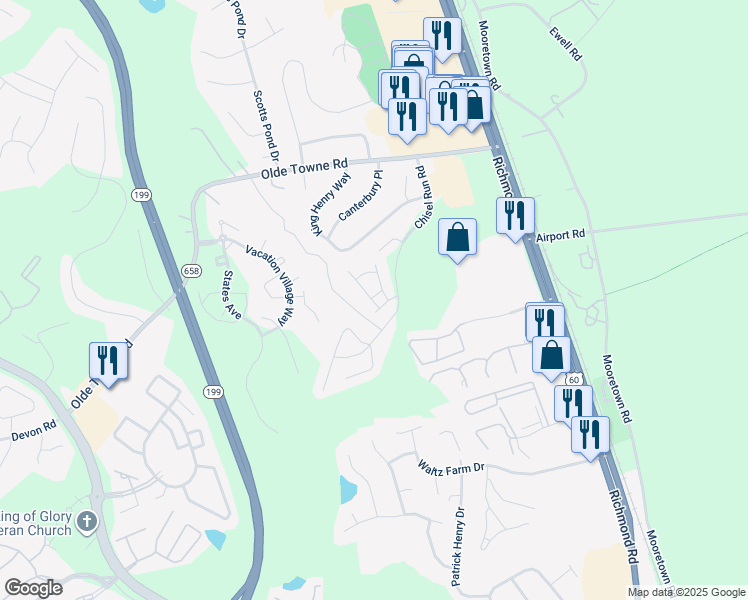 map of restaurants, bars, coffee shops, grocery stores, and more near 5432 Skalak Drive in Williamsburg