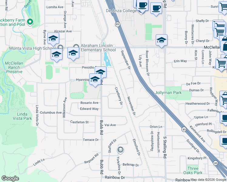 map of restaurants, bars, coffee shops, grocery stores, and more near 7995 Pumpkin Court in Cupertino