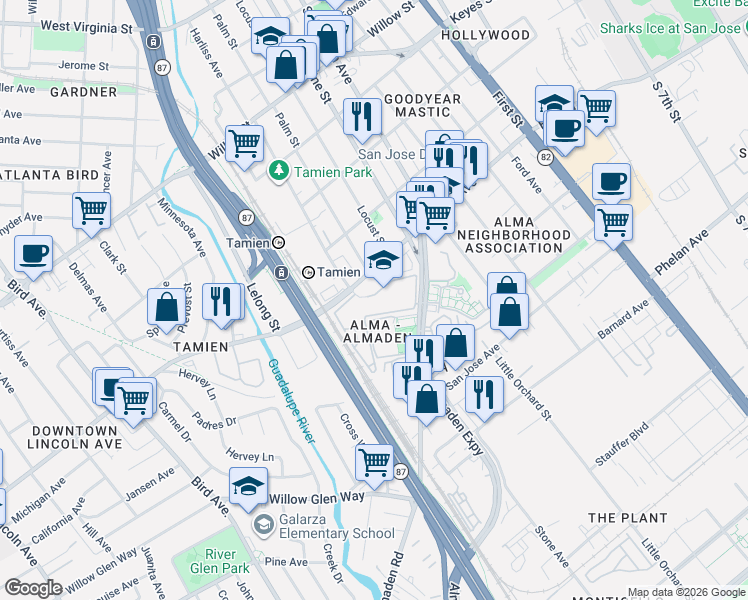map of restaurants, bars, coffee shops, grocery stores, and more near 373 Shadow Run Drive in San Jose