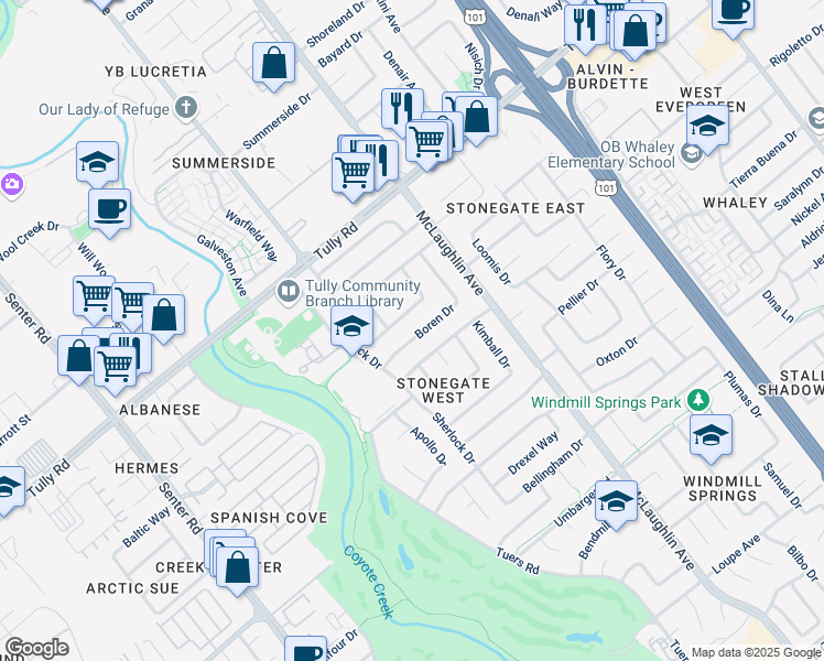 map of restaurants, bars, coffee shops, grocery stores, and more near 2504 Shilshone Circle in San Jose