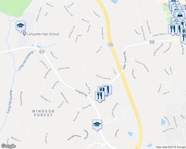 map of restaurants, bars, coffee shops, grocery stores, and more near 4933 Westmoreland Drive in Williamsburg