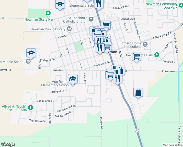 map of restaurants, bars, coffee shops, grocery stores, and more near 1904 Pine Street in Newman