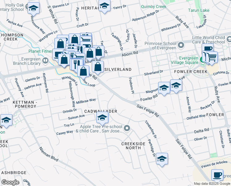 map of restaurants, bars, coffee shops, grocery stores, and more near 3500 San Felipe Road in San Jose