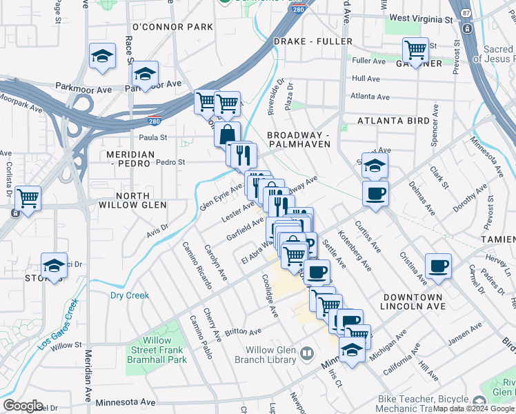 map of restaurants, bars, coffee shops, grocery stores, and more near 1039 Lincoln Avenue in San Jose