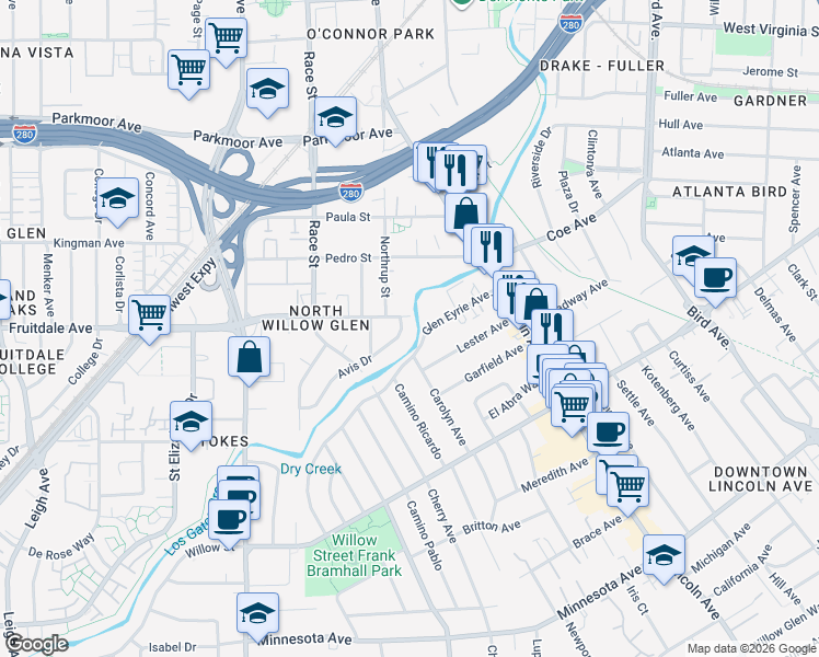 map of restaurants, bars, coffee shops, grocery stores, and more near 101 Glen Eyrie Avenue in San Jose