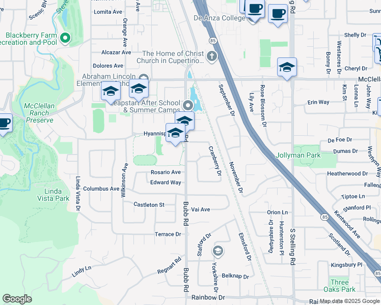map of restaurants, bars, coffee shops, grocery stores, and more near 10826 Bubb Road in Cupertino