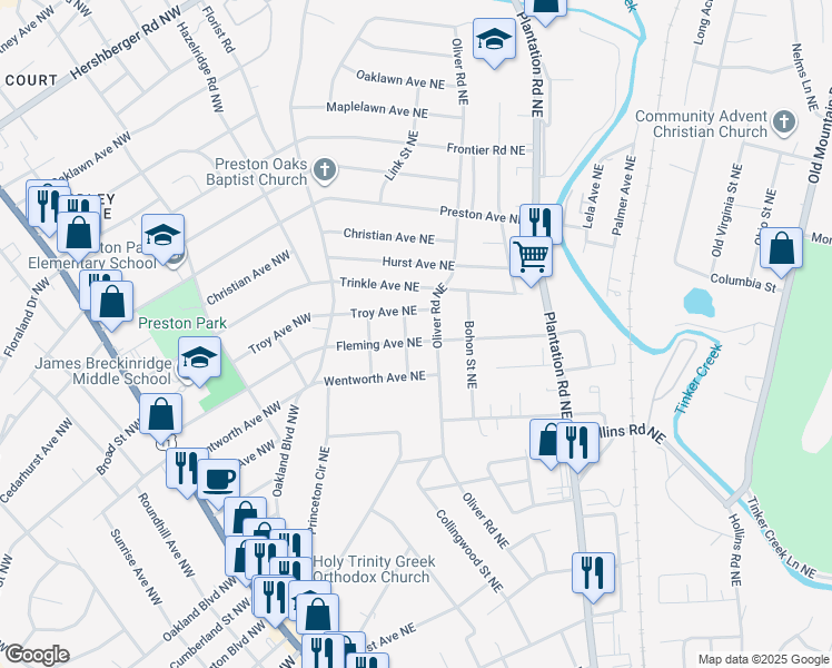 map of restaurants, bars, coffee shops, grocery stores, and more near 303 Troy Avenue Northeast in Roanoke