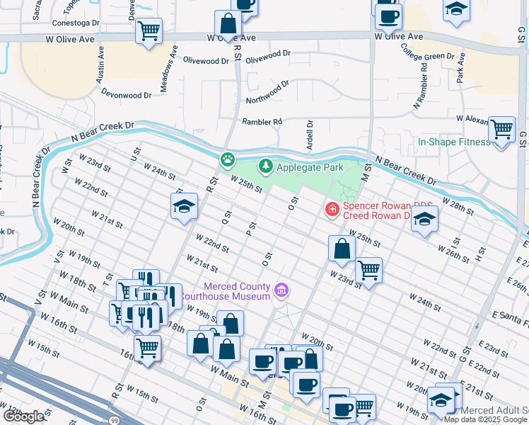 map of restaurants, bars, coffee shops, grocery stores, and more near 2410 P Street in Merced