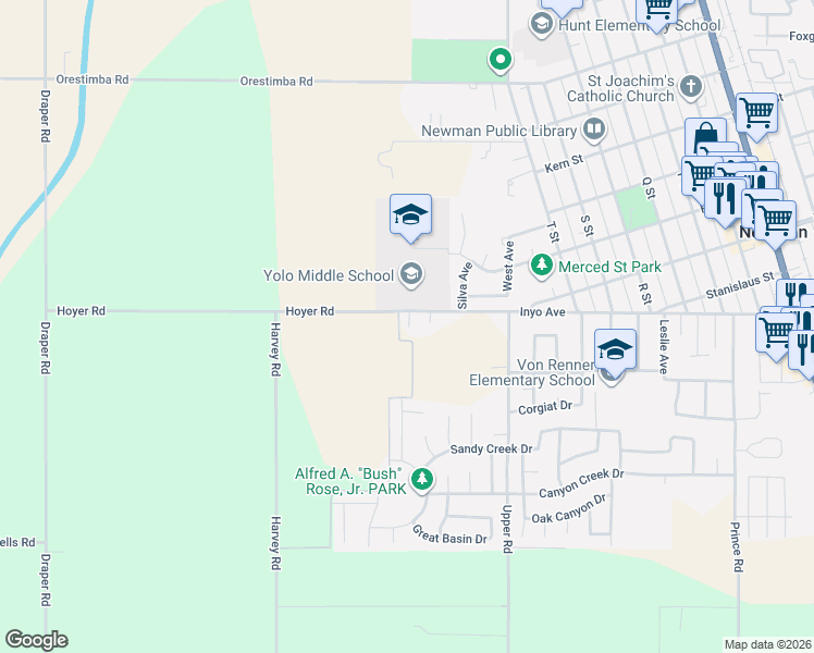 map of restaurants, bars, coffee shops, grocery stores, and more near 906 Hoyer Road in Newman
