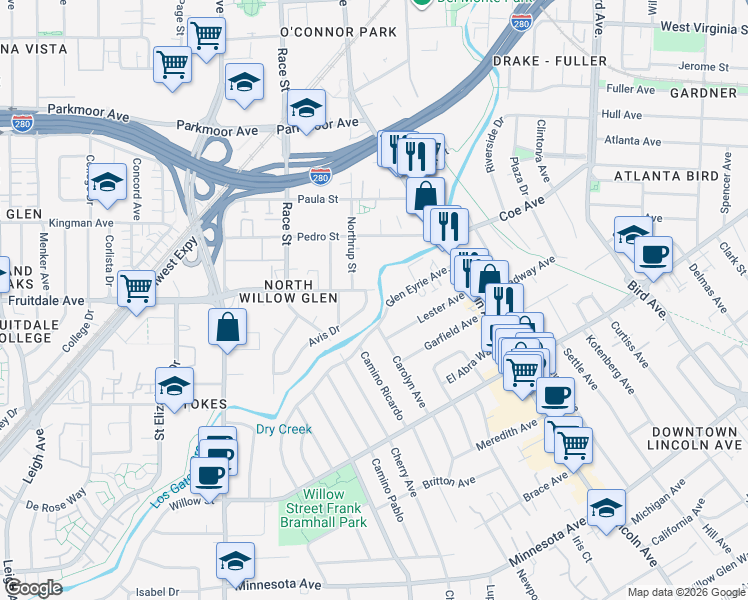 map of restaurants, bars, coffee shops, grocery stores, and more near 101 Glen Eyrie Avenue in San Jose