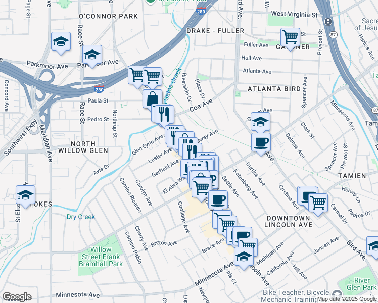 map of restaurants, bars, coffee shops, grocery stores, and more near 1092 Broadway Avenue in San Jose