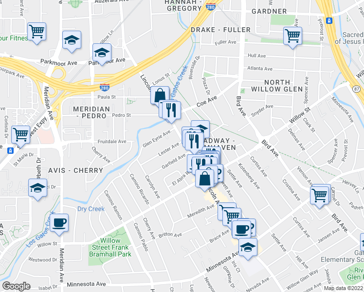 map of restaurants, bars, coffee shops, grocery stores, and more near 1047 Lincoln Court in San Jose