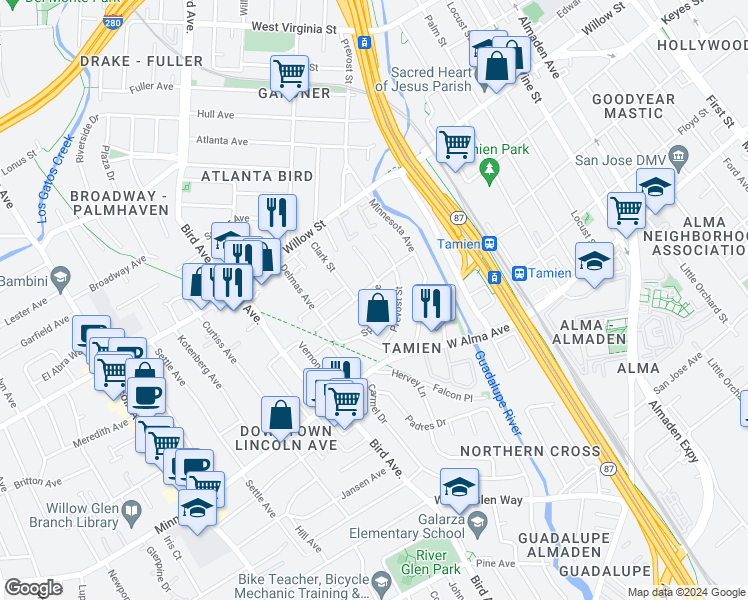 map of restaurants, bars, coffee shops, grocery stores, and more near 1291 Spencer Avenue in San Jose