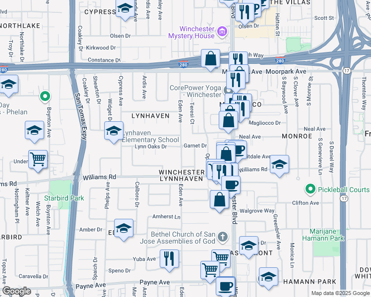 map of restaurants, bars, coffee shops, grocery stores, and more near 880 Eden Avenue in San Jose