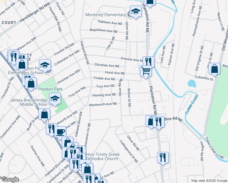 map of restaurants, bars, coffee shops, grocery stores, and more near 303 Troy Avenue Northeast in Roanoke