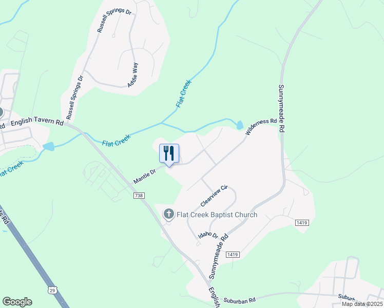 map of restaurants, bars, coffee shops, grocery stores, and more near 336 Mantle Drive in Lynchburg
