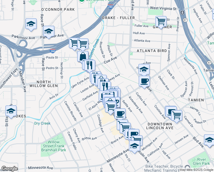 map of restaurants, bars, coffee shops, grocery stores, and more near 1088 Broadway Avenue in San Jose