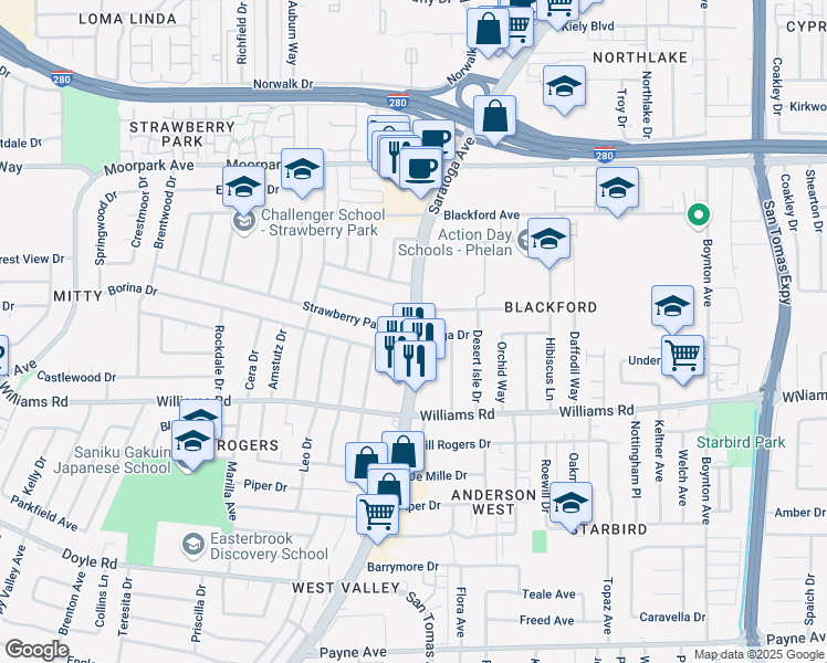 map of restaurants, bars, coffee shops, grocery stores, and more near Strawberry Park Dr & Saratoga Ave in San Jose