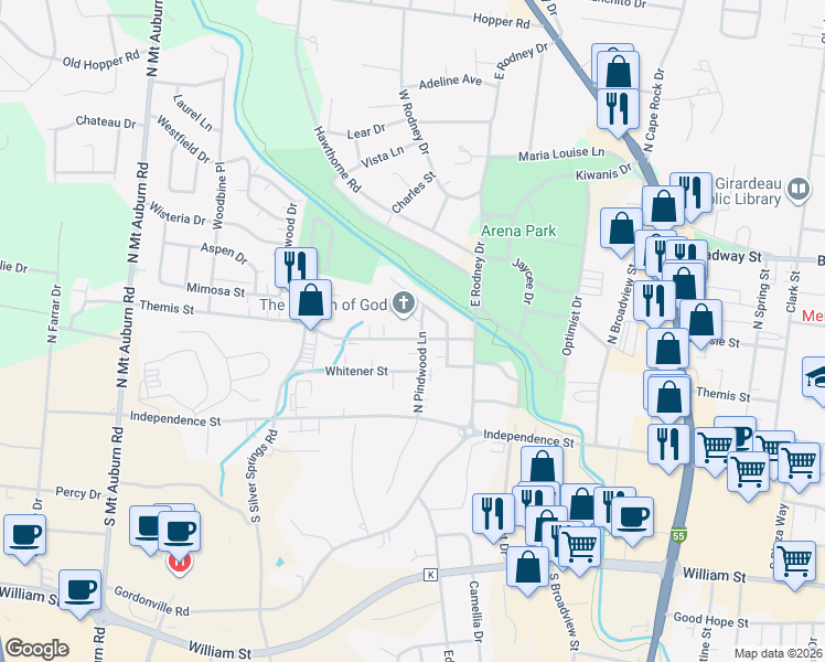 map of restaurants, bars, coffee shops, grocery stores, and more near 2804 Themis Street in Cape Girardeau