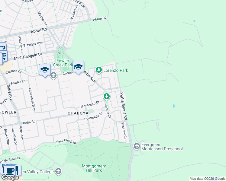 map of restaurants, bars, coffee shops, grocery stores, and more near 3657 Jasmine Circle in San Jose