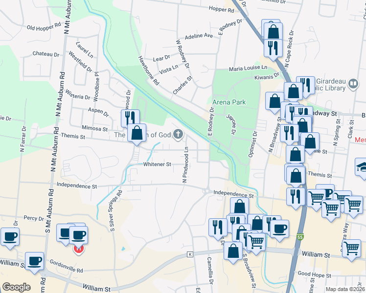 map of restaurants, bars, coffee shops, grocery stores, and more near 210 North Pindwood Lane in Cape Girardeau