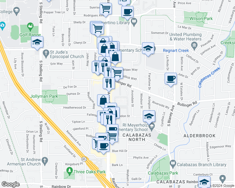 map of restaurants, bars, coffee shops, grocery stores, and more near 992 South De Anza Boulevard in San Jose