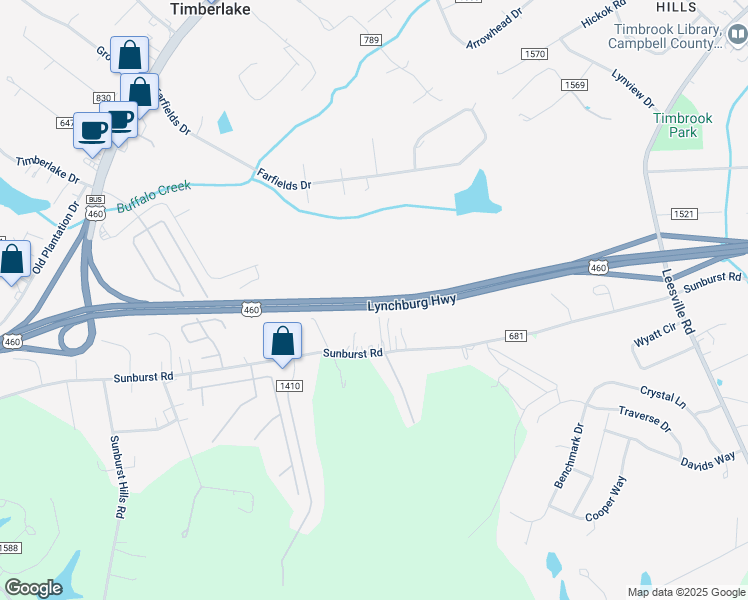 map of restaurants, bars, coffee shops, grocery stores, and more near Lynchburg Highway in Timberlake
