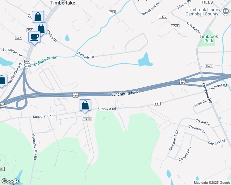 map of restaurants, bars, coffee shops, grocery stores, and more near U.S. 460 in Timberlake