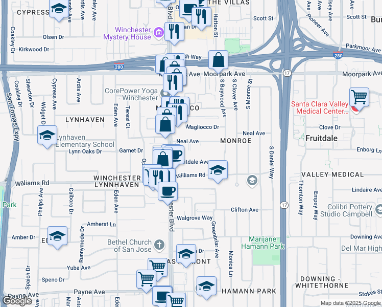 map of restaurants, bars, coffee shops, grocery stores, and more near 3028 Neal Avenue in San Jose