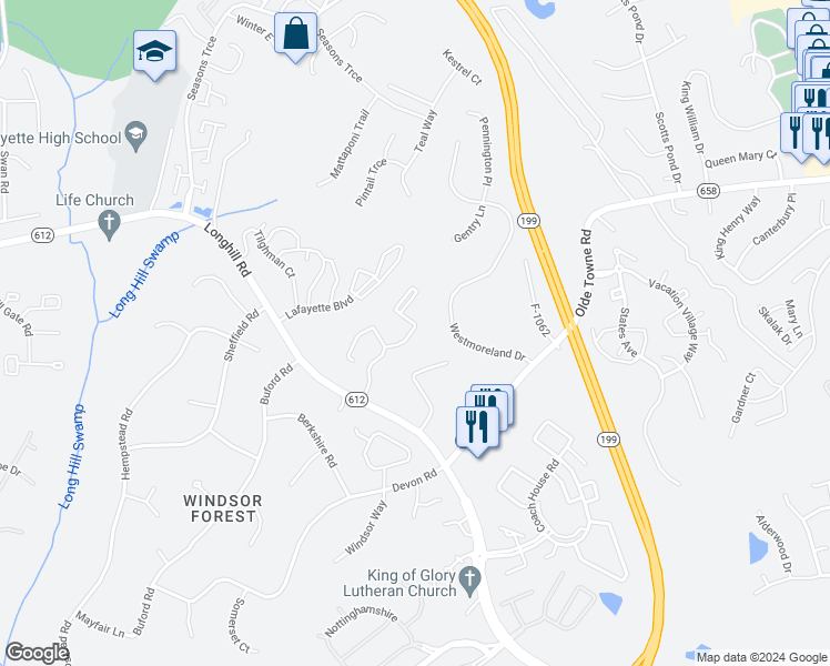 map of restaurants, bars, coffee shops, grocery stores, and more near 1434 Norwyk Lane in Williamsburg