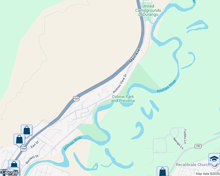map of restaurants, bars, coffee shops, grocery stores, and more near 601 Animas View Drive in Durango