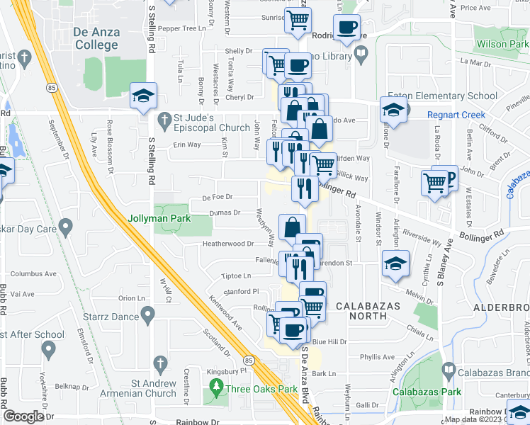 map of restaurants, bars, coffee shops, grocery stores, and more near 998 Westlynn Way in San Jose