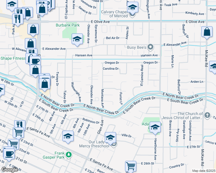 map of restaurants, bars, coffee shops, grocery stores, and more near 1011 Wyoming Drive in Merced