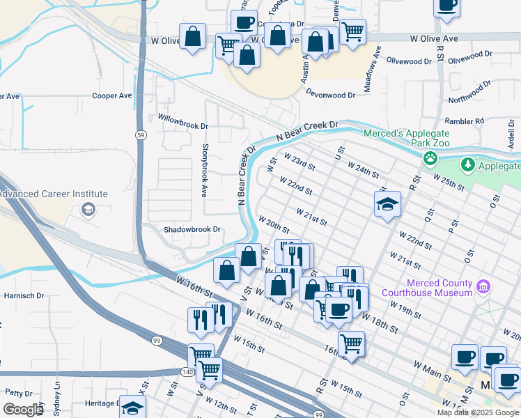 map of restaurants, bars, coffee shops, grocery stores, and more near 2021 W Street in Merced