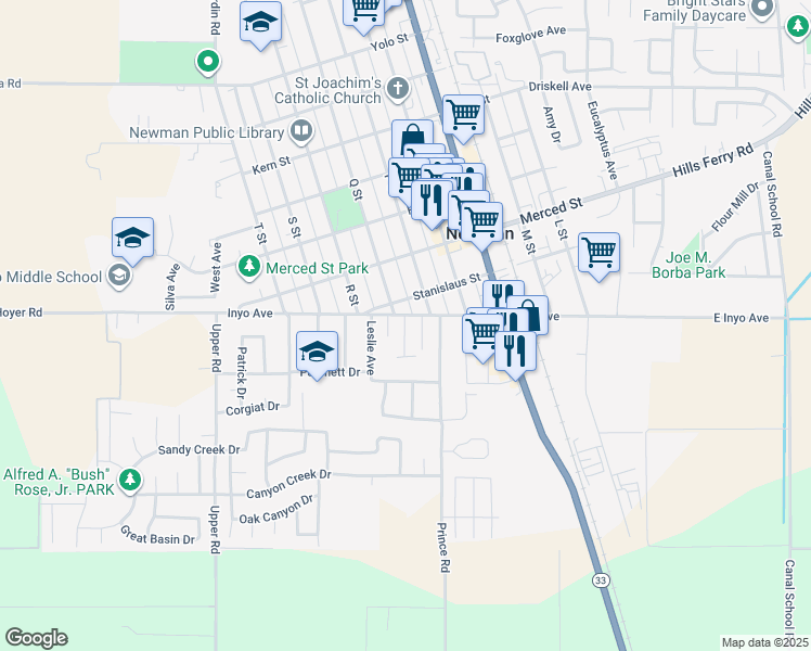 map of restaurants, bars, coffee shops, grocery stores, and more near 1904 Pine Street in Newman