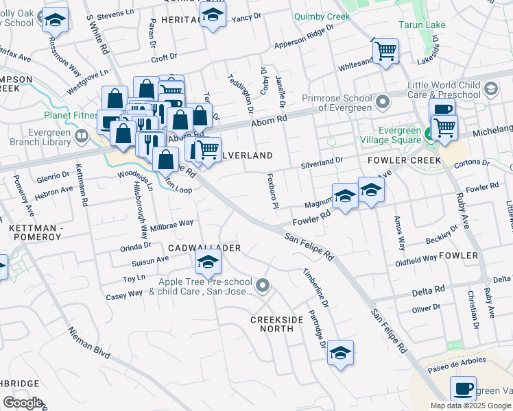 map of restaurants, bars, coffee shops, grocery stores, and more near 3544 San Felipe Road in San Jose